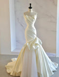 Elegant Mermaid Strapless Lvory Satin Pleats Hem Tulle Long Prom Dress,Wedding Dress,Evening Dress GG671