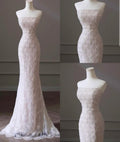 Delicate Mermaid Strapless Light Pink Lace Beaded Long Prom Dress,Evening Dress GG694