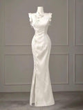 Dignified Mermaid Chinese Neck White Satin Applique Slit Long Prom Dress,Evening Dress GG699