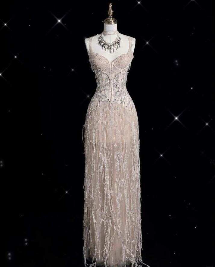 Graceful Mermaid Sweetheart Light Champagne Tulle Long Prom Dress,Evening Dress GG726