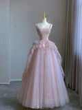Charming Ball Gown Square Pink Lace Applique Tulle Long Prom Dress,Evening Dress GG729