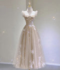Charming A Line Sweetheart Champagne Tulle Lace Tea Length Prom Dress,Evening Dress GG730