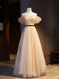 Graceful A Line Off The Shoulder Champagne Tulle Pearls Long Prom Dress,Evening Dress GG732