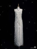 Glitter A Line Spaghetti Straps Gray Tulle Sequin Long Prom Dress,Evening Dress GG736