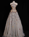 Graceful A Line Strapless Tulle Sequin Applique Long Prom Dress,Evening Dress GG737