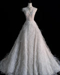 Gorgeous A Line V Neck White Lace Applique Feather Long Prom Dress,Evening Dress GG739