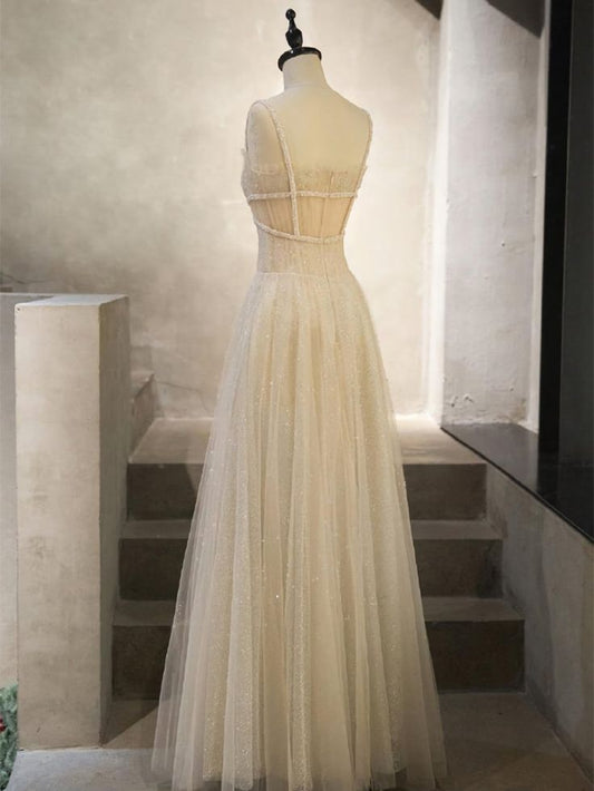Glam A Line Spaghetti Straps Tulle Sequin Long Prom Dress,Evening Dress GG751