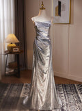 Glitter A Line Spaghetti Straps Silver Sequin Pleats Long Prom Dress,Evening Dress GG806