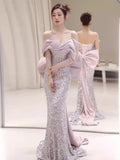 Princessful Mermaid Off The Shoulder Sequin Back Bow Long Prom Dress,Evening Dress GG807