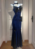 Chic Mermaid Spaghetti Straps Satin Bow Beaded Long Prom Dress,Evening Dress GG827