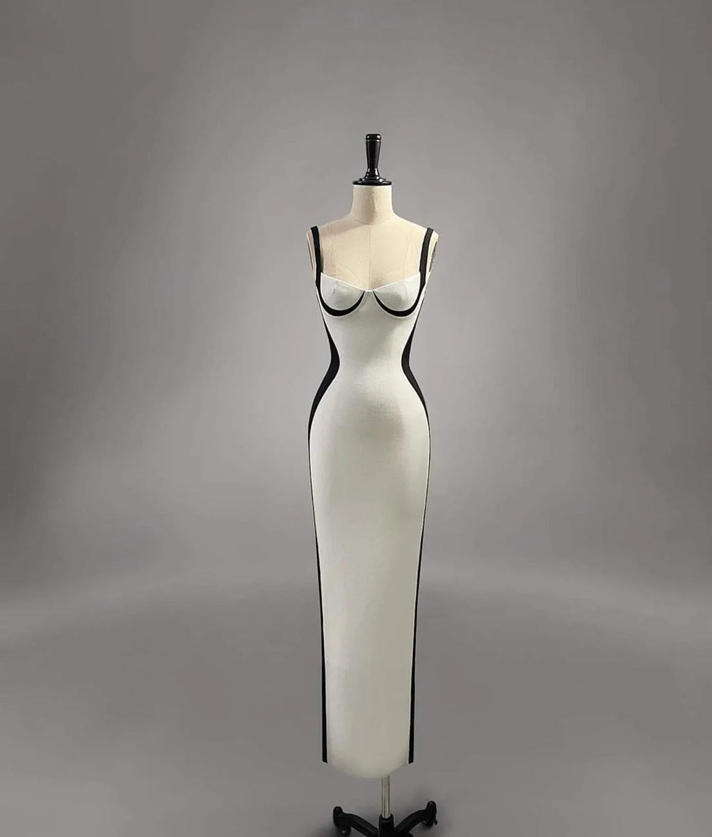 Chic Mermaid Spaghetti Straps White With Black Satin Long Prom Dress,Evening Dress GG828