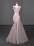 Glam Mermaid Spaghetti Straps Pink Sequin Tulle Long Prom Dress,Evening Dress GG832