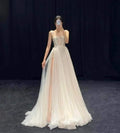 Elegant A Line Lace Straps Light Ivory Tulle Slit Applique Long Prom Dress,Evening Dress GG848
