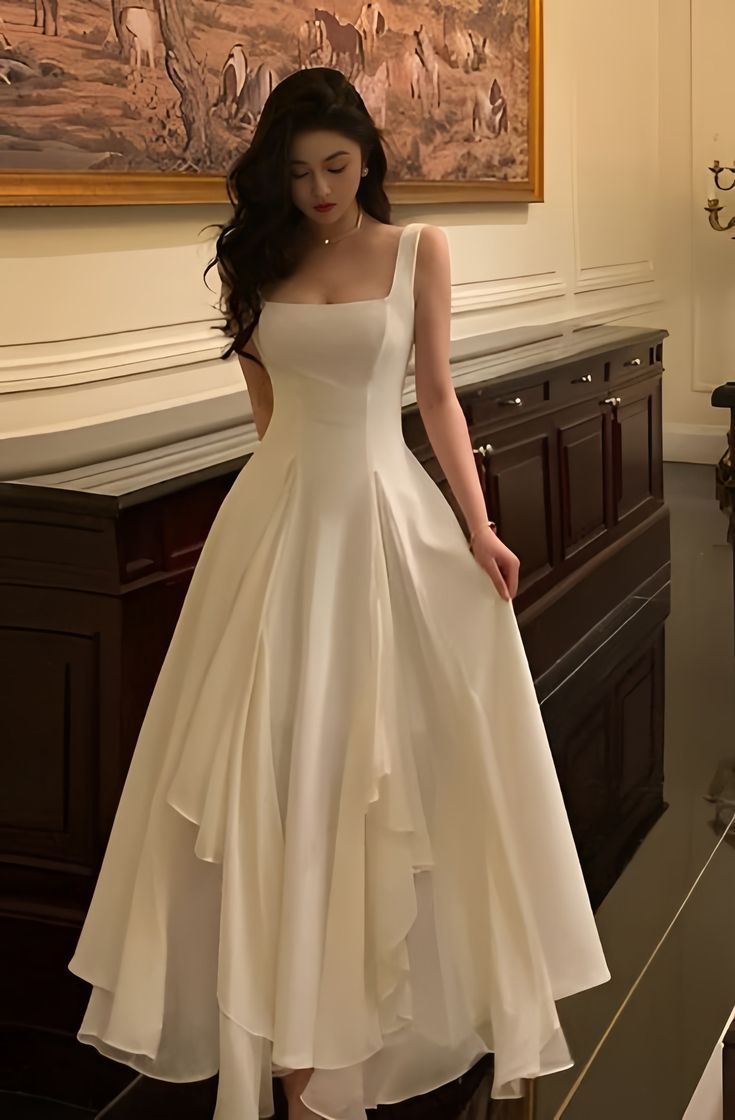 Simple A Line Square White Chiffon Long Prom Dress,Evening Dress GG854