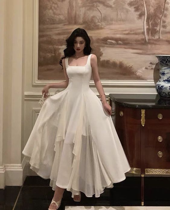 Simple A Line Square White Chiffon Long Prom Dress,Evening Dress GG854