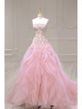 Luxurious A Line Strapless Pink Tulle Applique Long Prom Dress,Party Dress,Evening Dress GG888