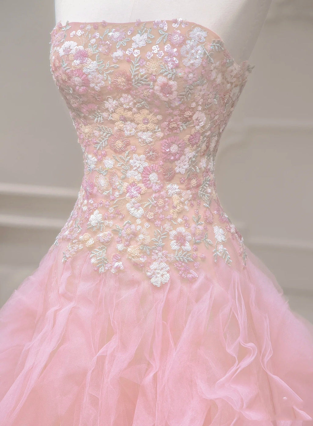 Luxurious A Line Strapless Pink Tulle Applique Long Prom Dress,Party Dress,Evening Dress GG888