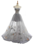 Cute A Line Sheer Straps Gray Tulle Printing Backless Long Prom Dress,Evening Dress GG890
