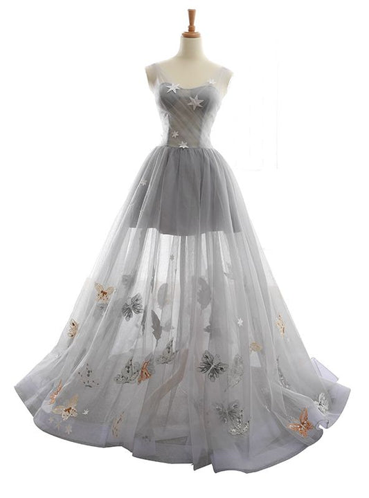 Cute A Line Sheer Straps Gray Tulle Printing Backless Long Prom Dress,Evening Dress GG890