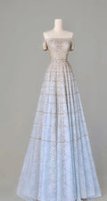 Glitter A Line Off The Shoulder Satin Beaded Long Prom Dress,Evening Dress GG941