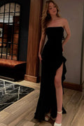 Sexy Mermaid Strapless Black Satin Slit Long Prom Dress,Evening Dress GG942