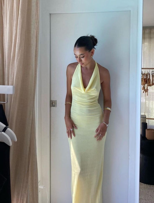 Graceful Mermaid Halter Pastel Yellow Satin Long Prom Dress,Evening Dress GG945