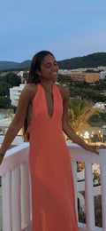 Chic A Line Halter V Neck Coral Satin Backless Long Prom Dress,Evening Dress GG952