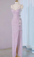 Glitter Mermaid Spaghetti Straps Satin Sequin Slit Bow Long Prom Dress,Evening Dress GG958
