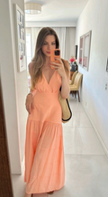Elegant A Line Spaghetti Straps V Neck Pastel Orange Satin Long Prom Dress,Evening Dress GG959