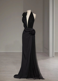 Chic Mermaid Halter V Neck Black Tulle Flower Long Prom Dress,Evening Dress GG970