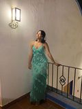 Elegant Mermaid Spaghetti Straps Mint Green Satin Ripple Long Prom Dress,Evening Dress GG976