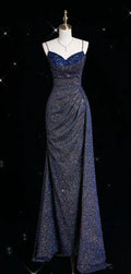 Glitter Mermaid Spaghetti Straps Satin Sequin Pleats Long Prom Dress,Evening Dress GG978