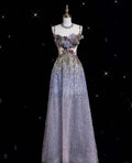 Delicate A Line Spaghetti Straps Tulle Sequin Floral Long Prom Dress,Evening Dress GG981