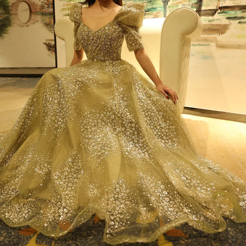 Gorgeous Sparkling Beaded Sequin Short-sleeve A-Line Long Prom Dress Evening Dress TP4557