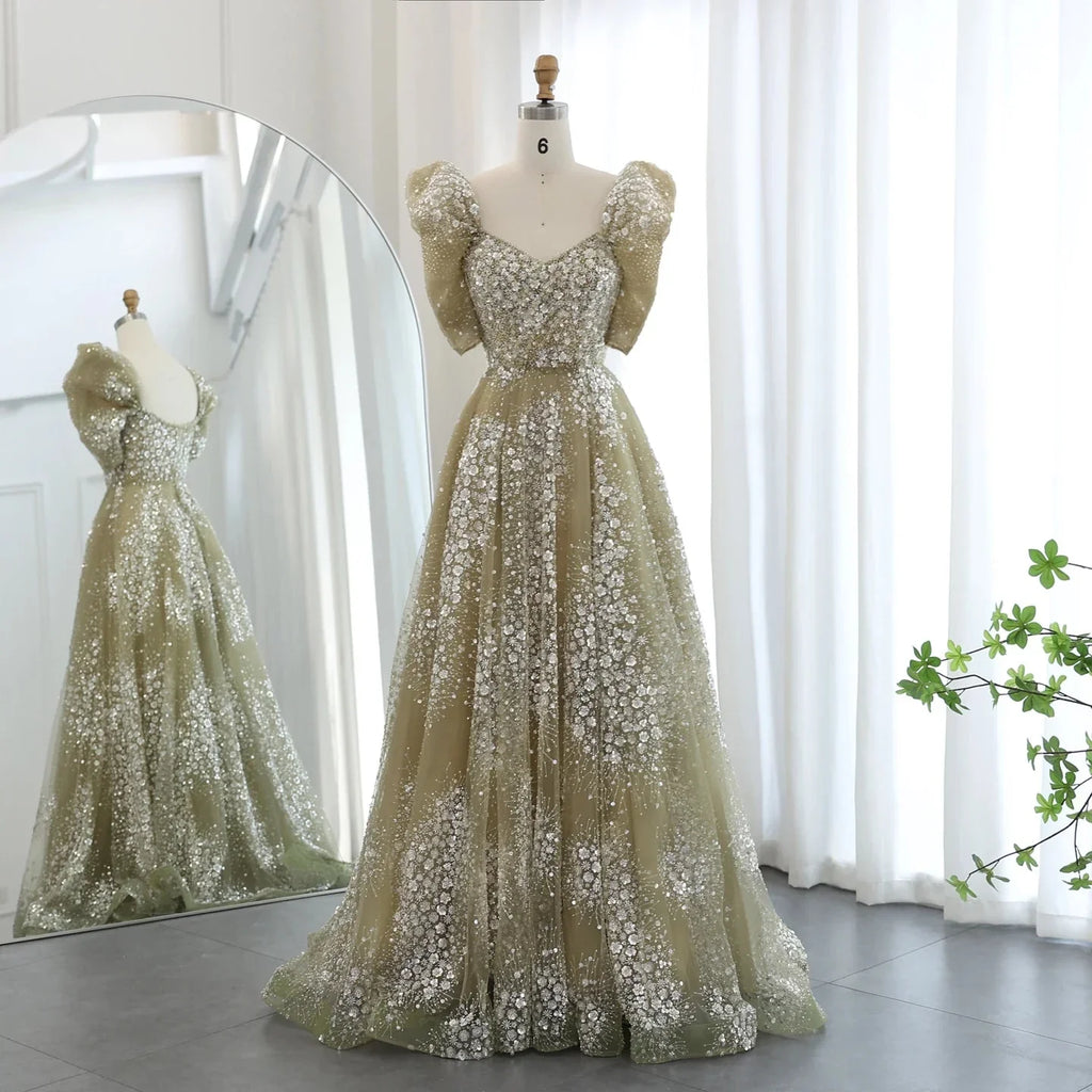 Gorgeous Sparkling Beaded Sequin Short-sleeve A-Line Long Prom Dress Evening Dress TP4557