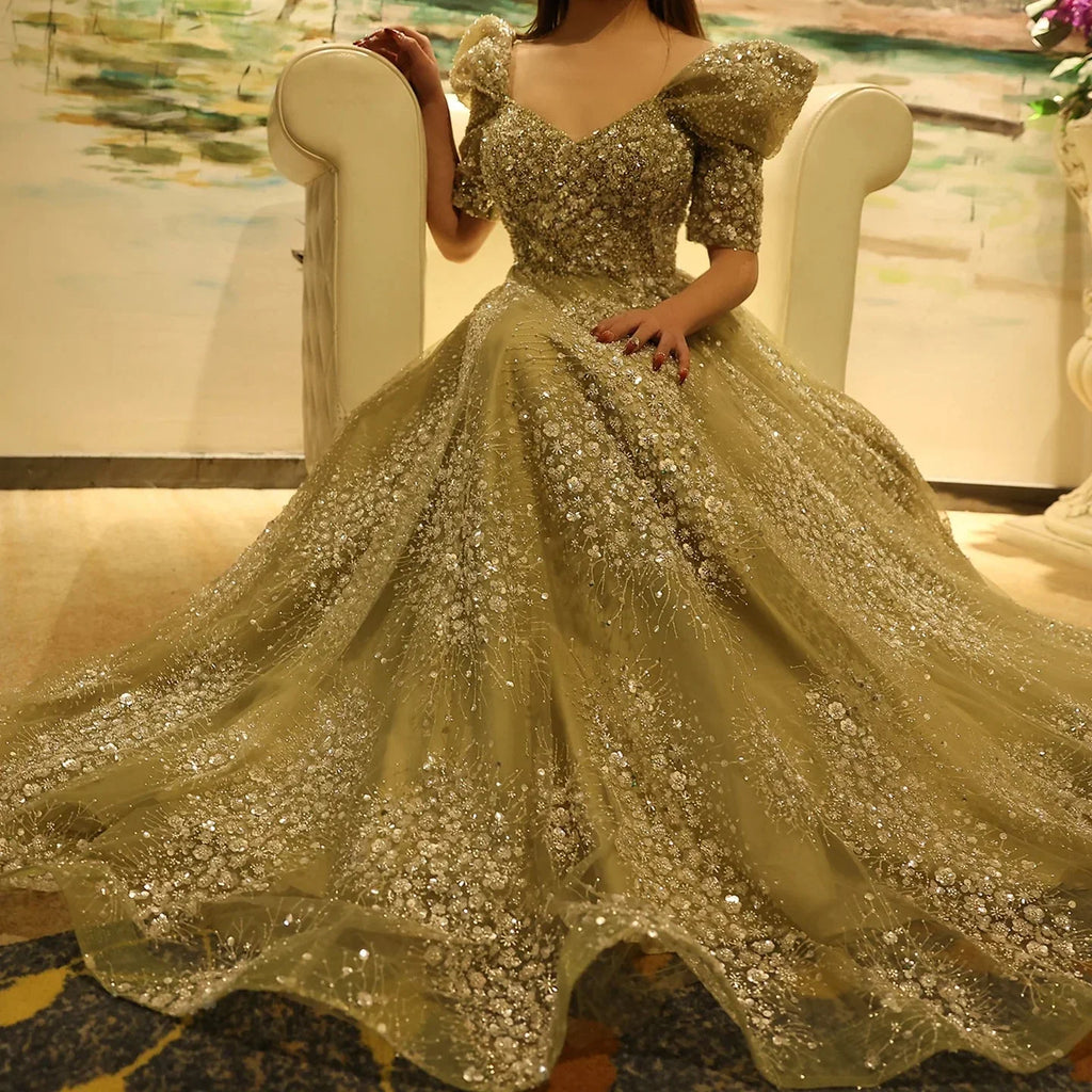 Gorgeous Sparkling Beaded Sequin Short-sleeve A-Line Long Prom Dress Evening Dress TP4557