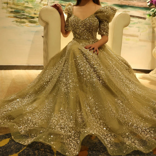 Gorgeous Sparkling Beaded Sequin Short-sleeve A-Line Long Prom Dress Evening Dress TP4557