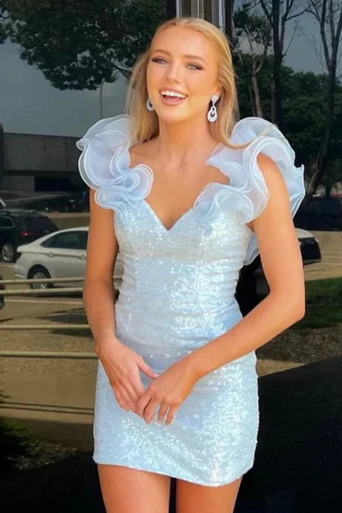 Glitter Fitted V-Neck Sleeveless Sequins Sexy Homecoming Dress