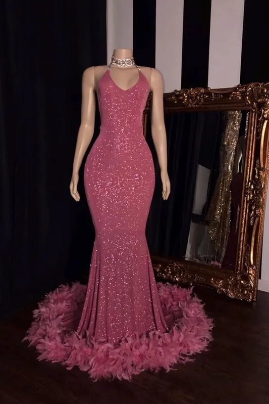 Glitter Mermaid V-Neck Sleeveless Feathers Party Dress For Black Girls