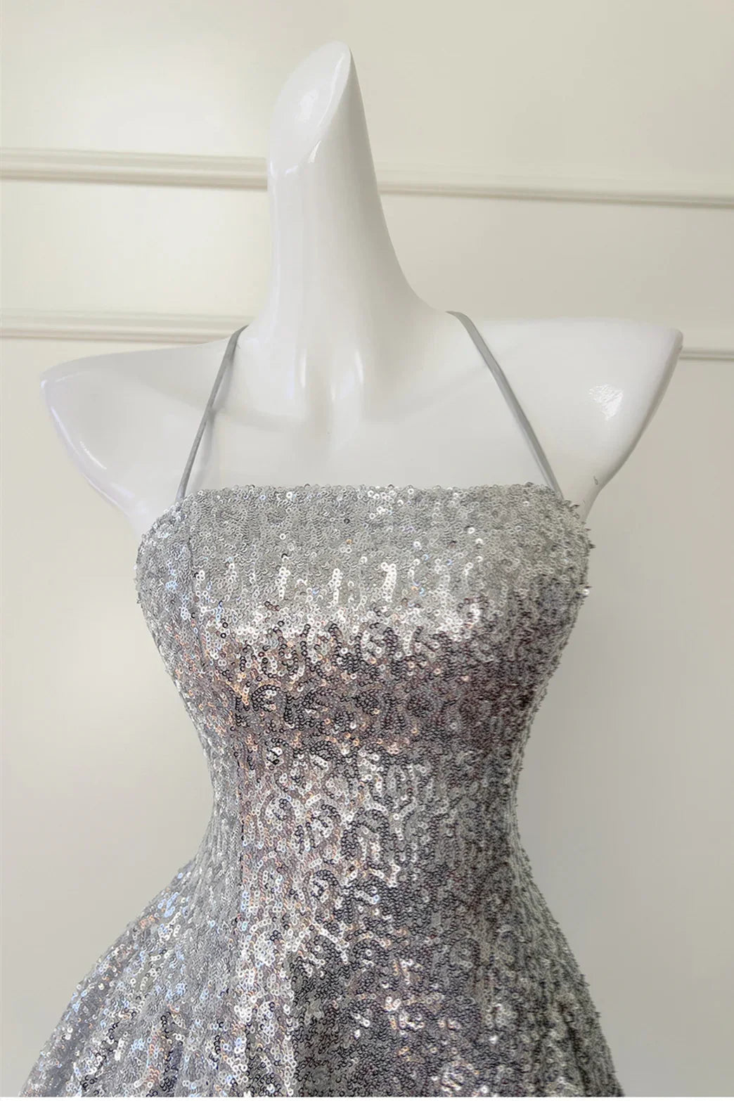 Glitter Spaghetti Straps Lace-Up Silver A-Line Party Homecoming Dress
