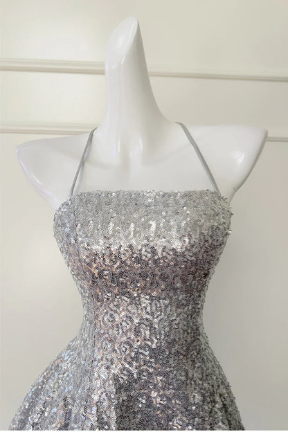 Glitter Spaghetti Straps Lace-Up Silver A-Line Party Homecoming Dress