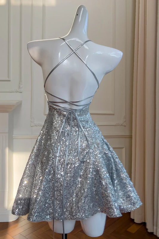 Glitter Spaghetti Straps Lace-Up Silver A-Line Party Homecoming Dress