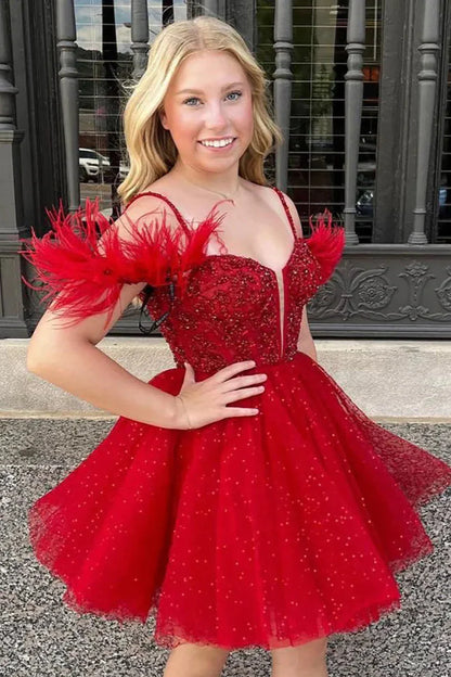 Glitter Tulle A-Line Off-Shoulder Beaded Appliques Homecoming Dress