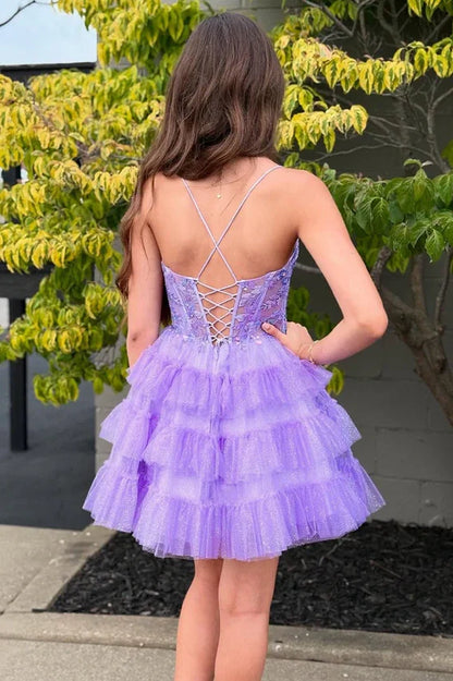 Glitter V-Neck Lace-Up A-Line Appliques Homecoming Dress