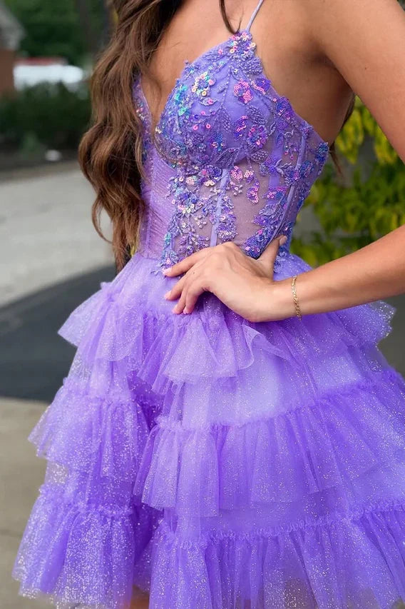 Glitter V-Neck Lace-Up A-Line Appliques Homecoming Dress