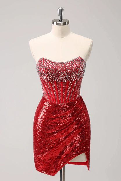 Glitter Fitted Bateau Strapless Beaded Sequins Homecoming Dress
