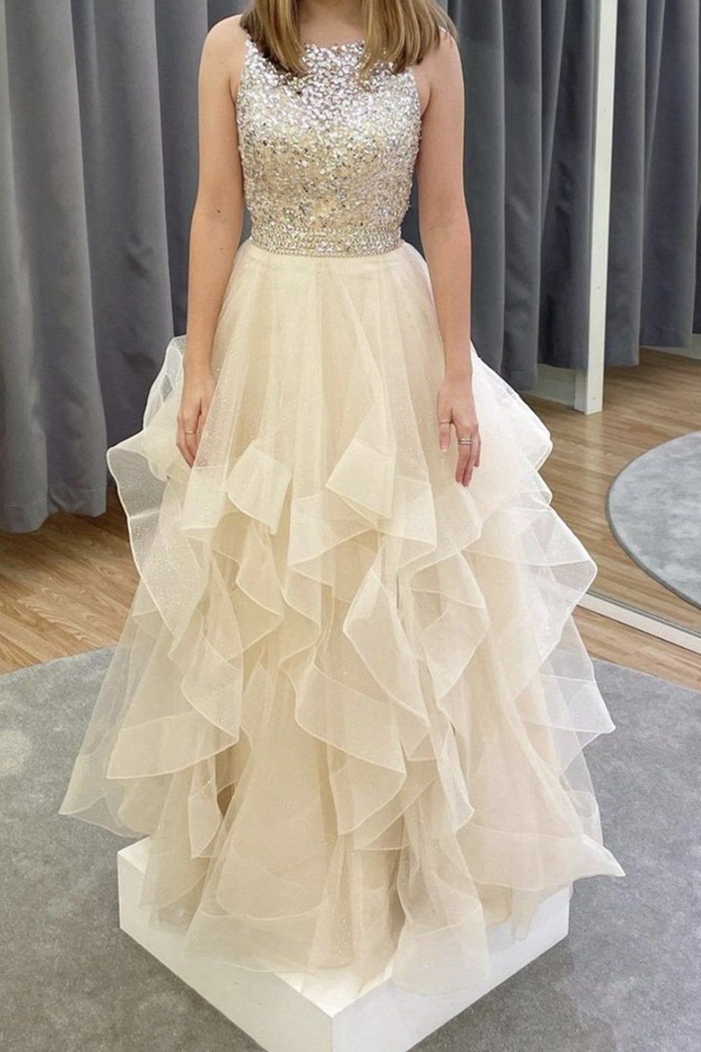 Gorgeous Open Back Beaded Fluffy Long Prom Dress, Graduation Gown