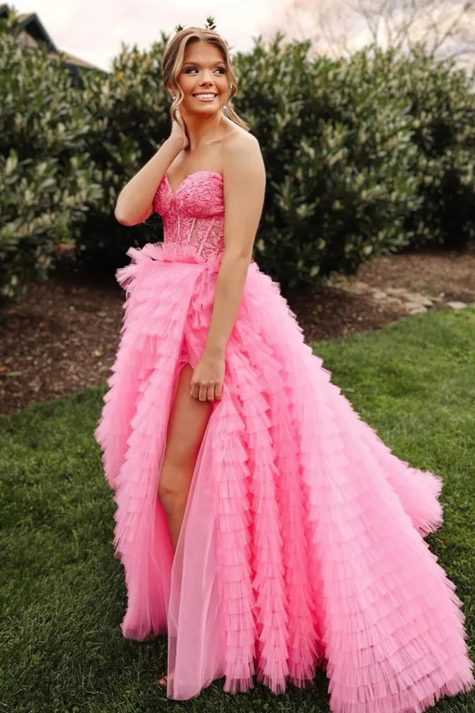 Sexy Tulle A-Line Sweetheart Strapless Tiered Appliques Prom Dress