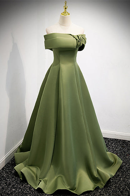 Casual Satin A-Line Off-Shoulder Green Party Evening Dress