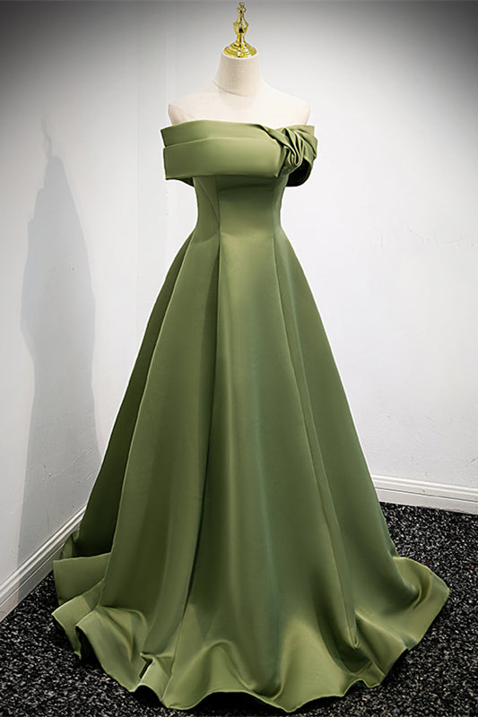 Casual Satin A-Line Off-Shoulder Green Party Evening Dress